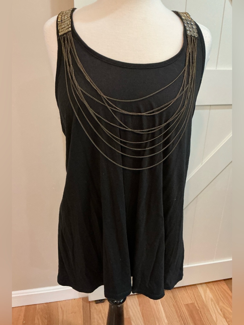 Elle Black Tank with Gold Chain Shoulder Detail DP